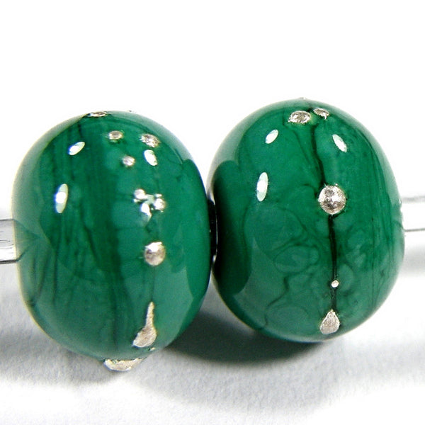 Handmade Lampwork Glass Beads, Petroleum Green Silver Shiny 218gfs
