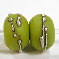 Handmade Lampwork Glass Beads, Pistachio Green Silver Etched 415efs
