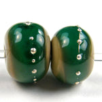 Handmade Lampwork Glass Band Beads, Sage Green Teal Brown Silver