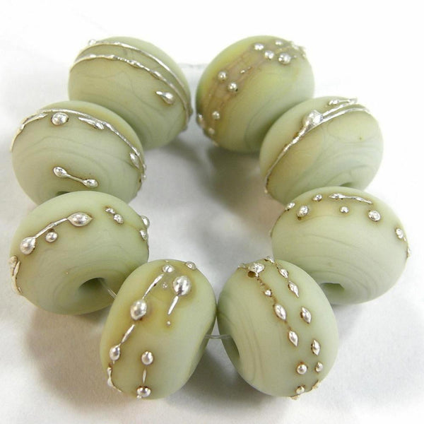 Handmade Lampwork Glass Beads, Pale Olive Green Silver Etched Matte 1448efs