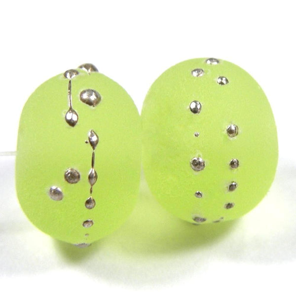 Handmade Lampwork Glass Beads, Yellow Green Silver Etched 071efs