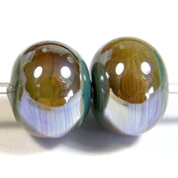 Handmade Lampwork Glass Band Beads, Grigio Verde Gray Green Aurae Shiny