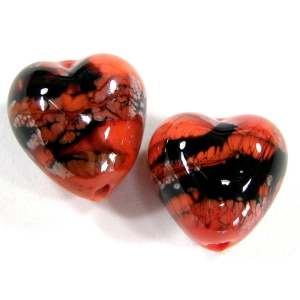Handmade Lampwork Glass Heart Beads, Coral Orange With Black Webs