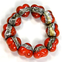 Handmade Lampwork Glass Heart Beads, Coral Orange Silvered Ivory Silver Webs