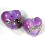 Handmade Lampwork Glass Heart Beads, Premium Purple Wrapped in Fine Silver
