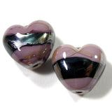 Handmade Lampwork Glass Heart Beads, Violet Purple With Plum Silver Metallic Band