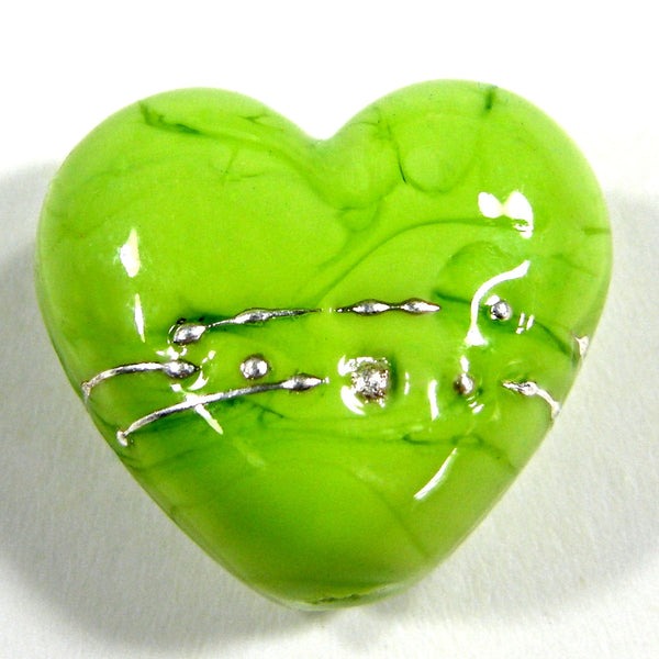 Handmade Lampwork Glass Heart Beads, Lime Green Wrapped in Fine Silver, Shiny