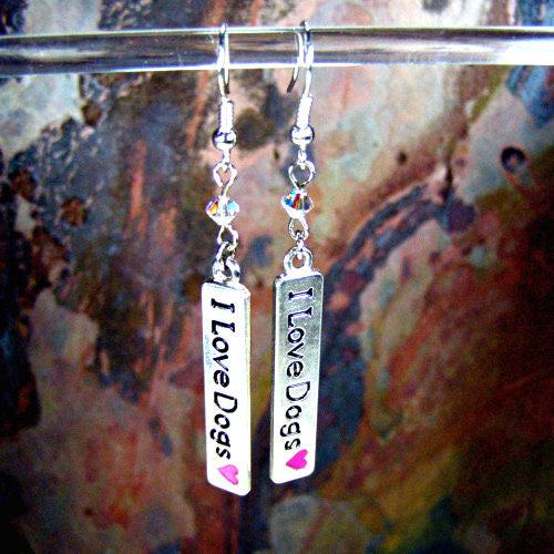 I Love Dogs Earrings, Pink Heart Swarovski Crystals Handmade Silver Jewelry