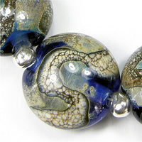 Handmade Lampwork Glass Lentil Bead Set, Intense Blue Silver Leaf Silvered Ivory