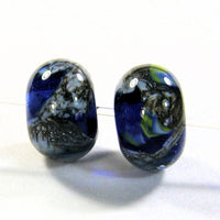 Handmade Lampwork Glass Bead Pairs, Intense Blue Silver Leaf Swirl Shiny