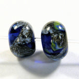 Handmade Lampwork Glass Bead Pairs, Intense Blue Silver Leaf Swirl Shiny