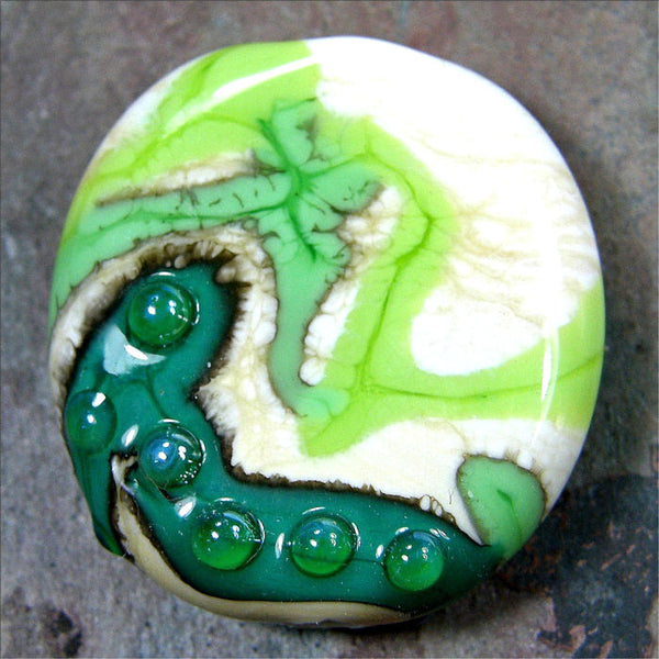 Handmade Lampwork Glass Focal Bead, Ivory Nile Green Lime Dots Shiny