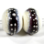 Handmade Lampwork Glass Band Beads, Ivory Amethyst Purple Silver Shiny