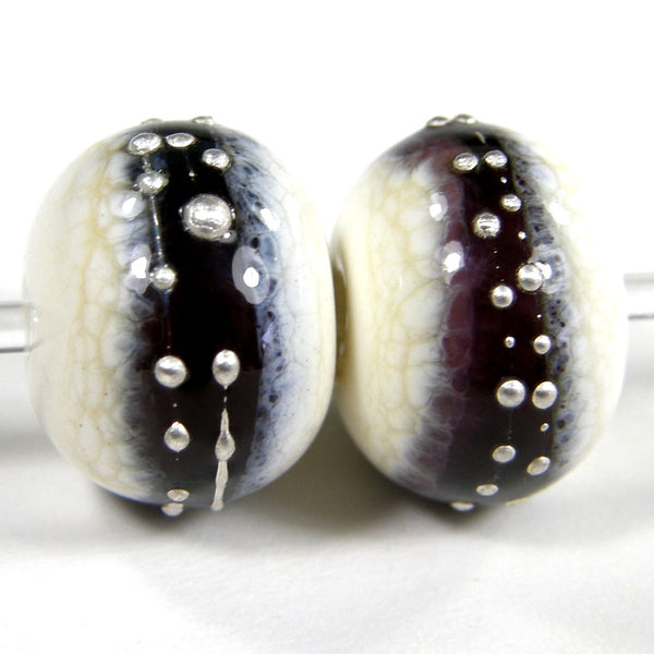 Handmade Lampwork Glass Band Beads, Ivory Amethyst Purple Silver Shiny