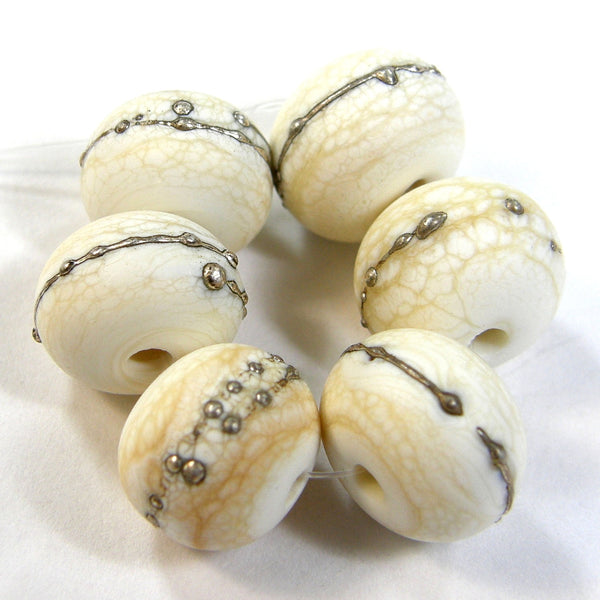 Handmade Lampwork Glass Beads, Ivory Silver Etched Matte 276efs