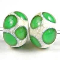 Handmade Lampwork Glass Dot Beads, Ivory Emerald Green Shiny
