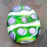 Handmade Lampwork Glass Focal Bead, Ivory Green Stripes Lavender Dots Shiny