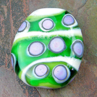 Handmade Lampwork Glass Focal Bead, Ivory Green Stripes Lavender Dots Shiny