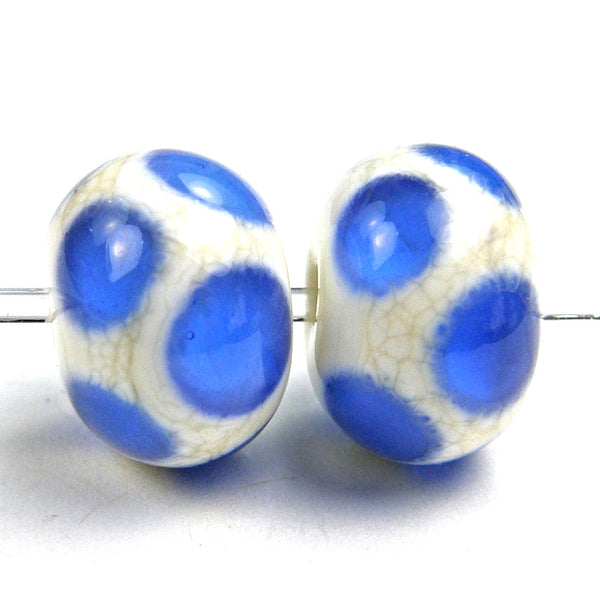 Handmade Lampwork Glass Dot Beads, Ivory Medium Blue Shiny