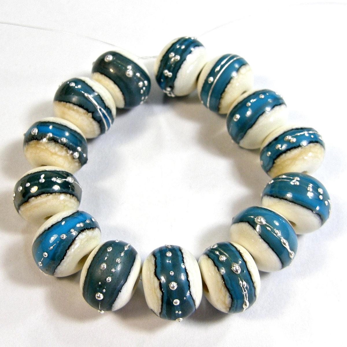 Handmade Lampwork Glass Band Beads Ivory Dark Sky Blue Silver Shiny Covergirlbeads