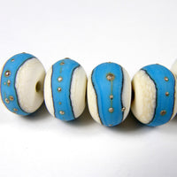 Handmade Lampwork Glass Band Beads, Ivory Dark Sky Blue Silver Etched