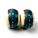 Handmade Lampwork Glass Band Beads, Ivory Turquoise Silver Shiny