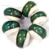 Handmade Lampwork Glass Band Beads, Ivory Dark Teal Green Shiny