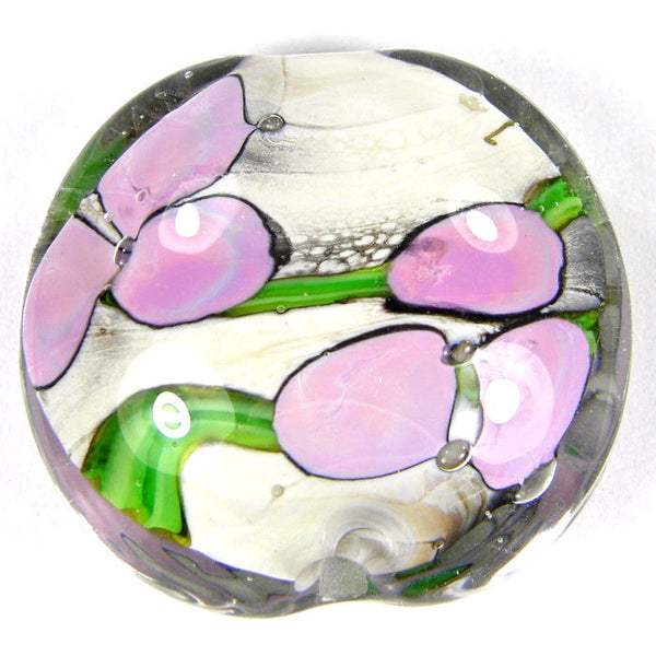 Handmade Lampwork Glass Focal Bead, XL Lentil Flowers Ivory Green Pink Clear Shiny