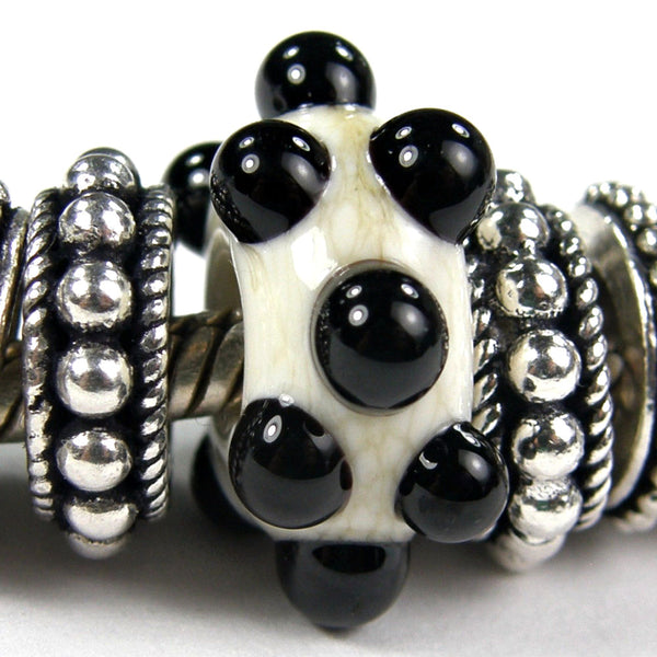 Handmade Large Hole Lampwork Beads, Glass Slider Bead, Ivory Raised Black Dots