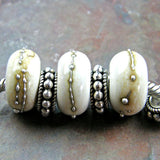 Handmade Large Hole Lampwork Beads, European Glass Charms, Ivory Silver Shiny