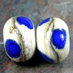 Handmade Lampwork Glass Bead Pairs, Wavy Ivory SIS Blue Dots Shiny
