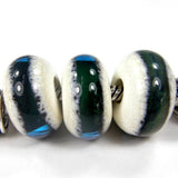 Handmade Large Hole Lampwork Beads, Slider Glass Beads, Ivory Teal Band