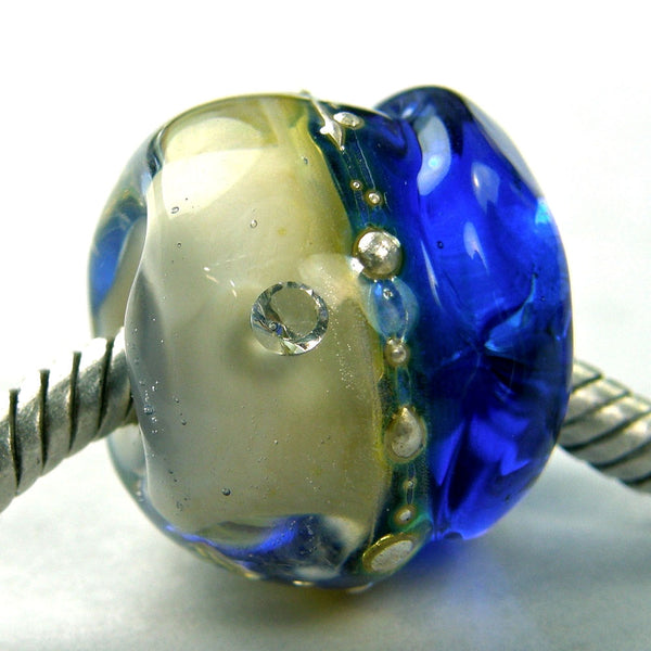 Handmade Large Hole Lampwork Beads, Artisan Glass Charms Nugget Blue White CZ