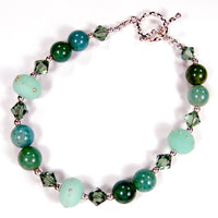 Aqua Fire Agate Gemstone and Kryptonite Mint Green Lampwork Bracelet