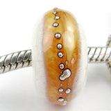 Handmade Large Hole Lampwork Beads, Ivory Light Amber Band Silver Shiny