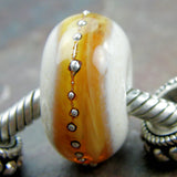 Handmade Large Hole Lampwork Beads, Ivory Light Amber Band Silver Shiny