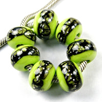 Handmade Large Hole Lampwork Beads, Glass Charms Lime Green Silver Webs Shiny