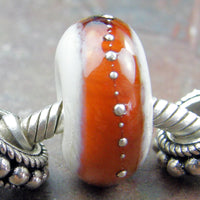 Handmade Large Hole Lampwork Beads, Ivory Medium Amber Band Silver Shiny
