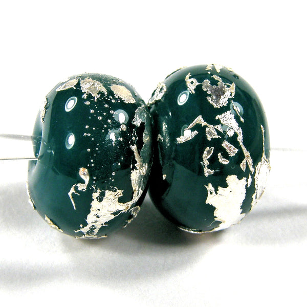 Handmade Lampwork Glass Beads, Moana Blue Silver Leaf Shiny Glossy
