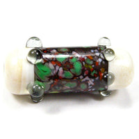 Handmade Lampwork Glass Focal Bead, Tube Ivory Green Red Gray Dots Shiny