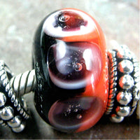 Handmade Large Hole Lampwork Beads, Handmade Glass Bead, Red Orange Black Halo Dots