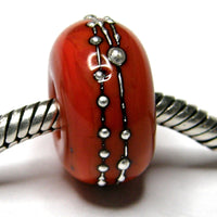 Handmade Large Hole Lampwork Beads, Euro Style Glass Coral Orange Silver