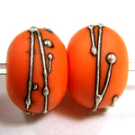Handmade Lampwork Glass Beads, Halloween Cool Orange Silver Etched 655efs