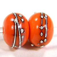 Handmade Lampwork Glass Beads, Halloween Cool Orange Silver Shiny 655gfs