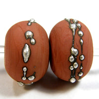 Handmade Lampwork Glass Beads, Hawaiian Clay Orange Silver Etched 685efs