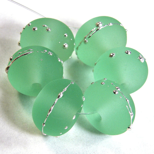 Handmade Lampwork Glass Beads, Pale Emerald Green Silver Etched 031efs