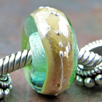 Handmade Large Hole Lampwork Beads, Pale Emerald Green Ivory Band Silver Shiny