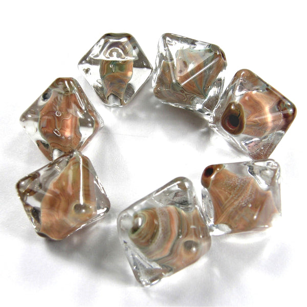 Handmade Lampwork Glass Diamond Beads, Encased Pandora Tan Brown Shiny