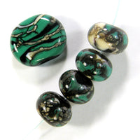 Handmade Lampwork Glass Beads, Petroleum Green Black White Webs Set