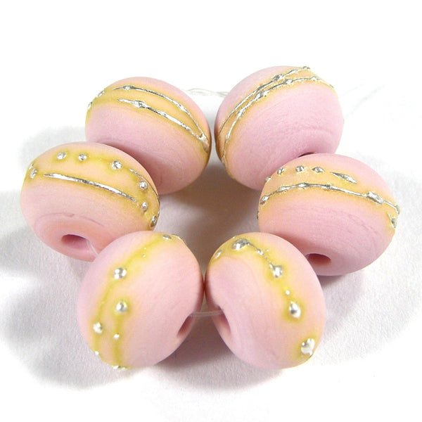 Handmade Lampwork Glass Beads, Light Pastel Pink Silver Etched 260efs